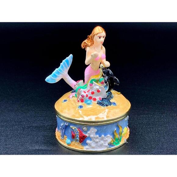 Mermaid Trinket Box Ocean Scene Enamel Seahorse Fish Keepsake